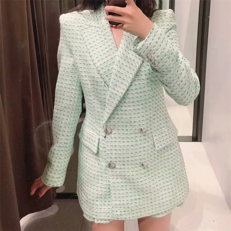 

MESTTRAF Women 2021 Fashion Double Breasted Tweed Check Blazer Coat Vintage Long Sleeve Flap Pockets Female Outerwear Chic Tops
