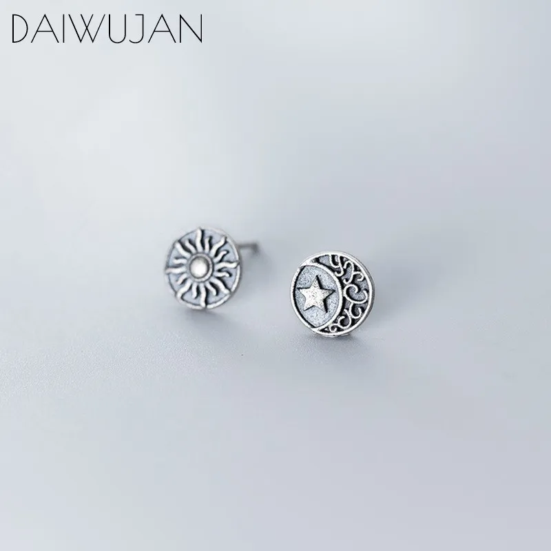 DAIWUJAN Vintage Asymmetric Thai Silver Sun Moon Stud Earrings For Women 925 Sterling Star Femme Jewelry Gifts | Украшения и