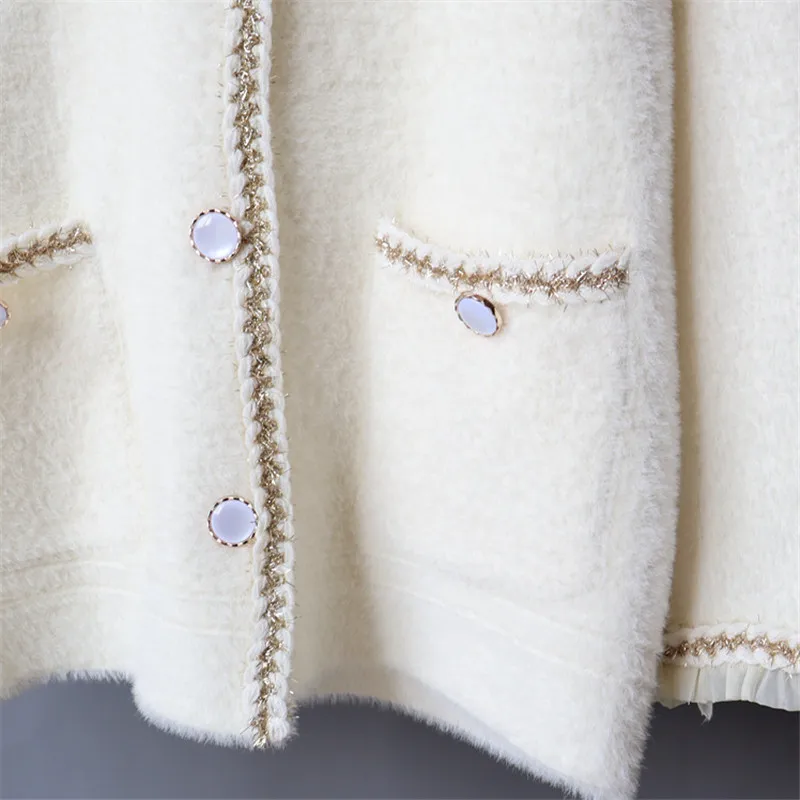 

Faux Mink Cashmere Women Cardigan Knitted Sweater Jacket Pocket Button Fashion Cardigans Knit Coat Lady Thick Warm Winter Coat