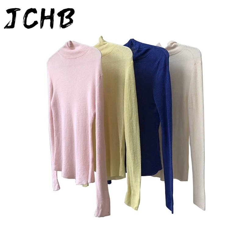 

JCHB Turtleneck Mohair Wool Slim Bottom Solid Color Long Sleeve Pure Cotton T-shirt Women Y2k Mall Goth 2021 Spring GX351
