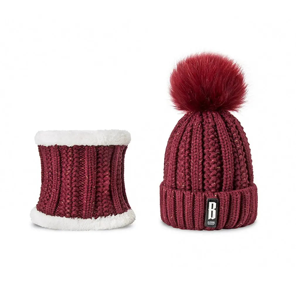 wine red 4 Брендовые зимние вязаные шапочки с меховым шариком для девушек, высокое качество, теплая одноцветная шапка, шарф, костюм для улицы, холодная шапка и шарф, костюм - Color: wine red 4