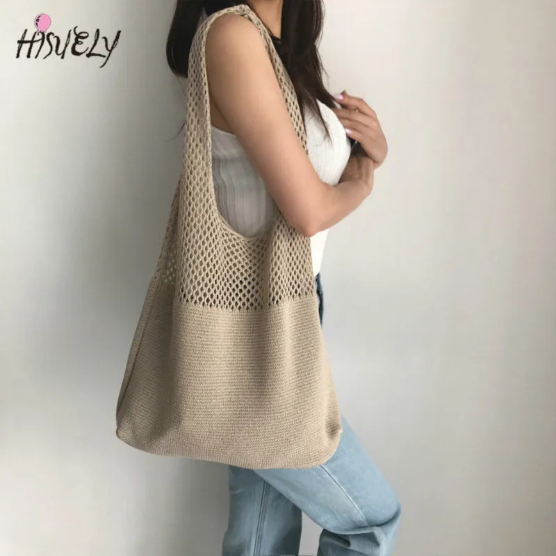 

HISUELY New retro Crochet Beach Handbag for Girls Summer Hollow Out Hand Woven Totes Bag Women Hollow Knitting Handbag Bolsos