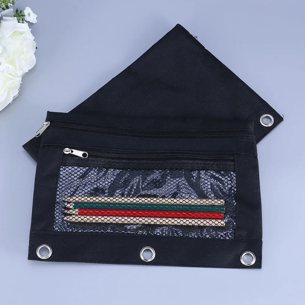 

2pcs Large Capacity Black Pencil Pouch with 3 Ring Canvas Portable B5 Double Zipper Stationery Bag