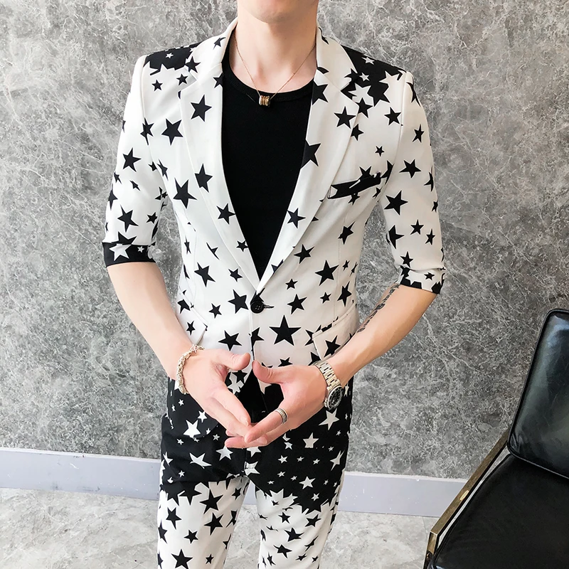 Summer Heren 2020 Kleding Splice Black White Suits Men Slim Fit Suits Pant Prom Doube Breasted Suit Costume Homme Double Vent