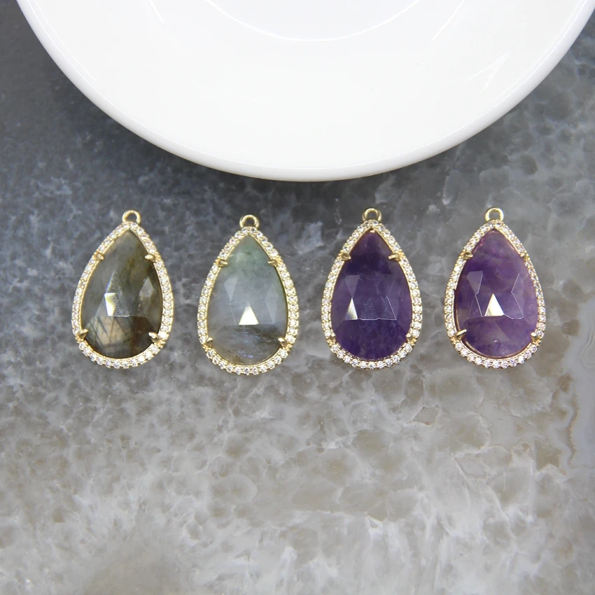 

Drop Shape Natural Stones Faceted Amethysts/Labradorite Pendant Healing Crystal Necklace For DIY Jewelry Making Accessories