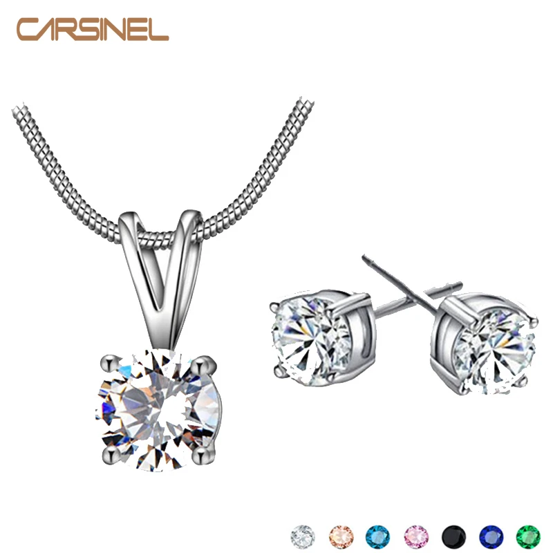 Комплект ювелирных украшений CARSINEL CZ: серьги и ожерелье на серебристой змеевой цепочке для свадебных и помолвочных церемоний оптом.