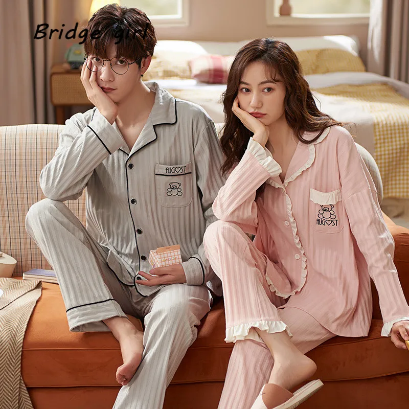 

Autumn Women Pajamas Suit Korea Couple Homewear Matching Home Suits Cartoon Print Sweet Happiness Leisure Nightwear Sleepwear