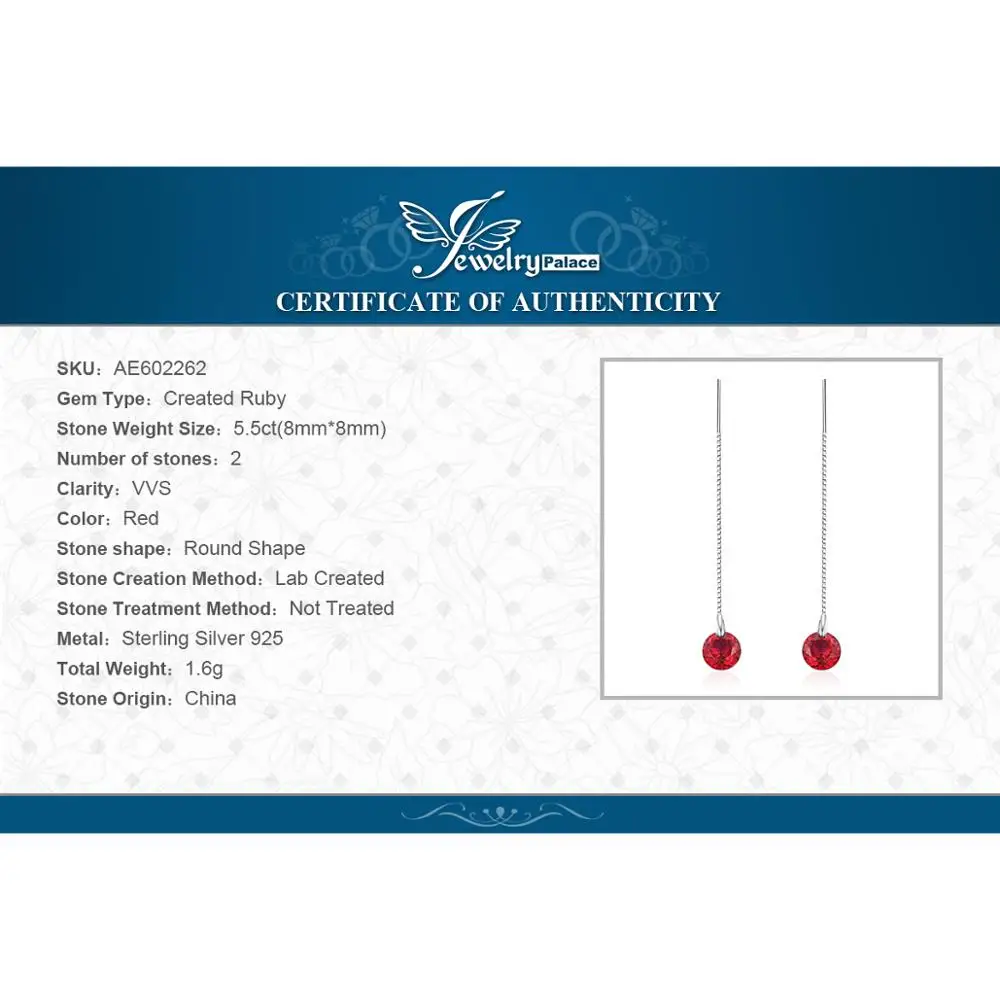 

JewelryPalace Created Ruby Threader Drop Earrings 925 Sterling Silver Earrings for Women Gemstone Korean Earings Fashion Jewelry