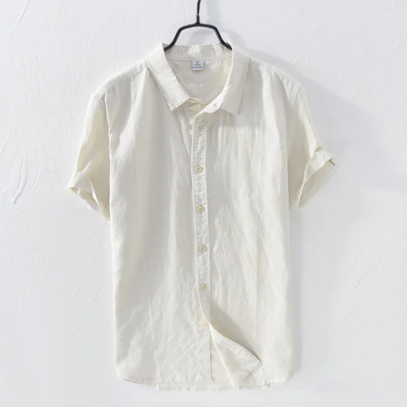 

Cotton Linen Shirts For Men Casual Short Sleeve Tops Oversize Solid White Turn-Down Collar Tee Male Summer Vacation Clothing