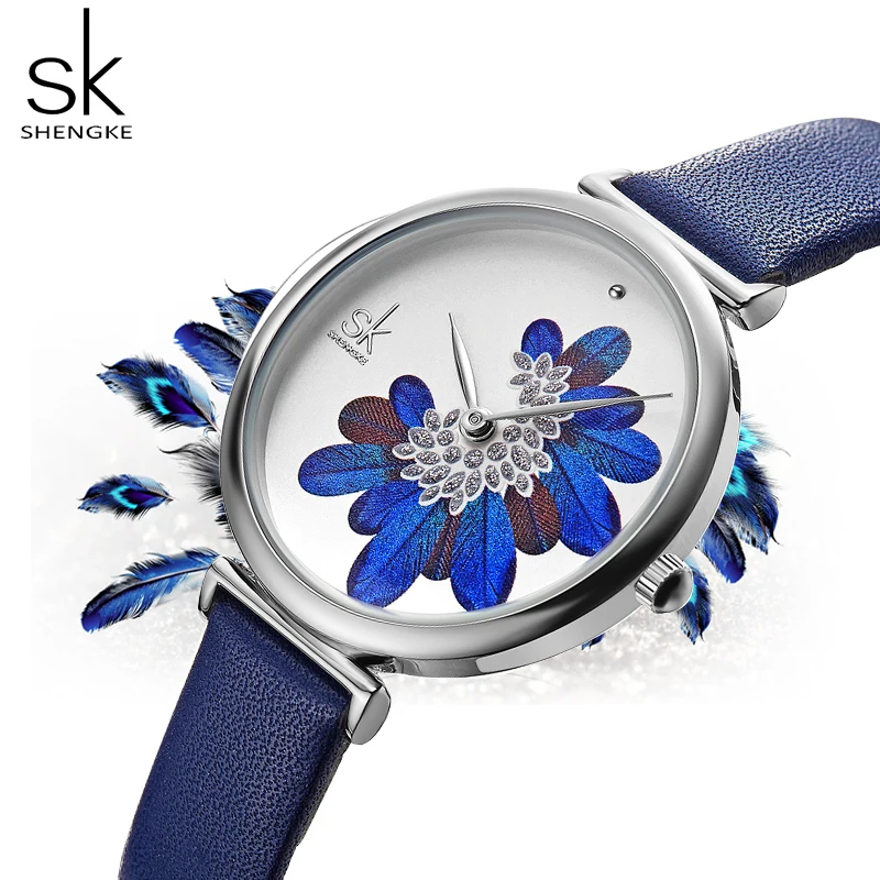 Shengke часы женские брендовые роскошные Новые Элегантные Синие перьевые