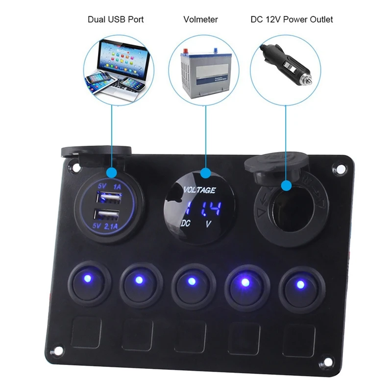

Dual USB Socket Charger LED Voltmeter 12V Power Outlet 5 Gang ON-OFF Toggle Switch Panel for Car Boat Marine RV Truck