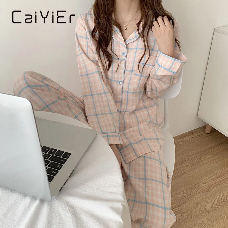 

Женский пижамный комплект CAIYIER, свободная пижама в клетку с длинным рукавом, в Корейском стиле, домашняя одежда на осень и зиму