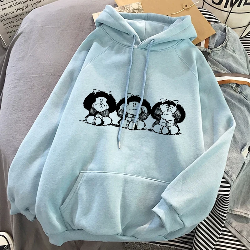Mafalda Kawaii Cartoons Hoodies Women Spring Oversized Long Sleeve Mafalda Graphics Fashion Clothes Sweetshirts Blue Fall Tops