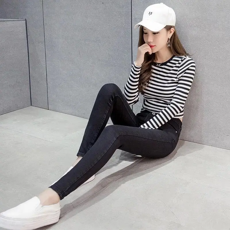 Женские облегающие джинсы черные и белые брюки-Капри INS Super Fire с рисунком для