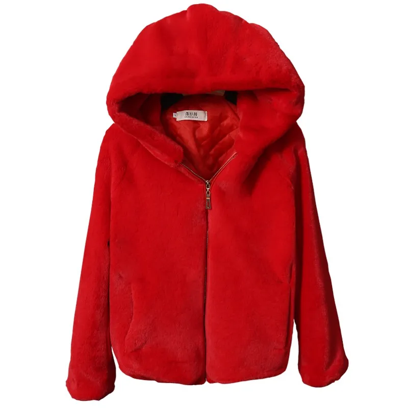 

2018 New Faux Fur Coat With Hood High Waist Fashion Slim Black Red Pink Faux Fur Jacket Fake Rabbit Fur