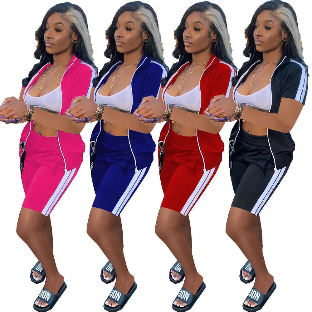 

RStylish Women Sexy Short Sleeve Zipper Side Stripe Crop Top Elastic Waist Biker Shorts Sportswear 2021 Summer Solid 2 Piece Set