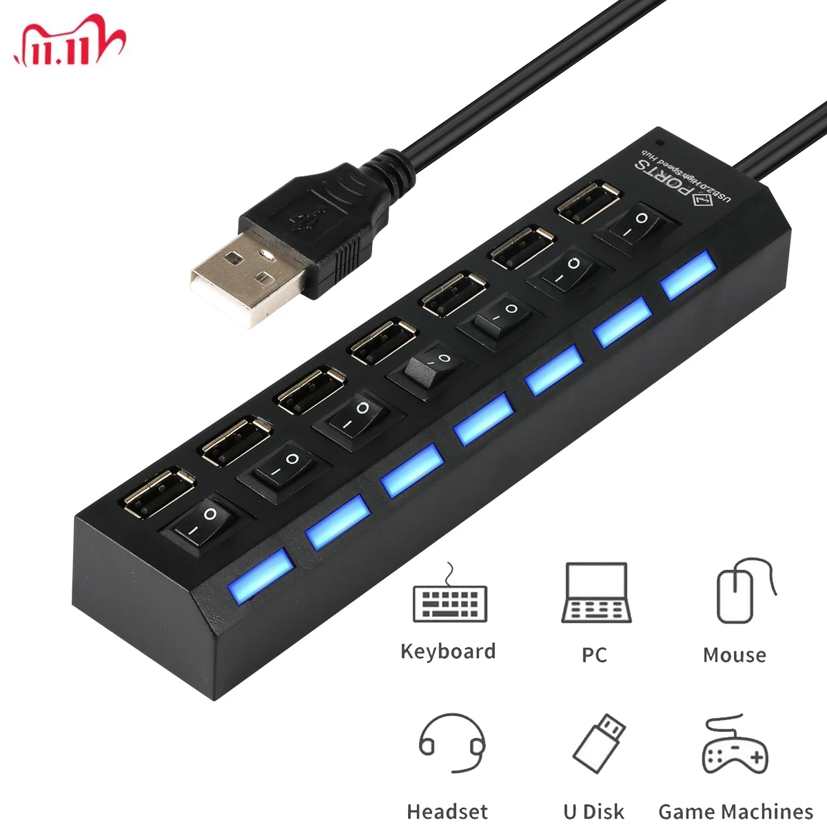 7-портовый USB-Разветвитель USB 2 0 3 хаб с выключателем питания высокоскоростной