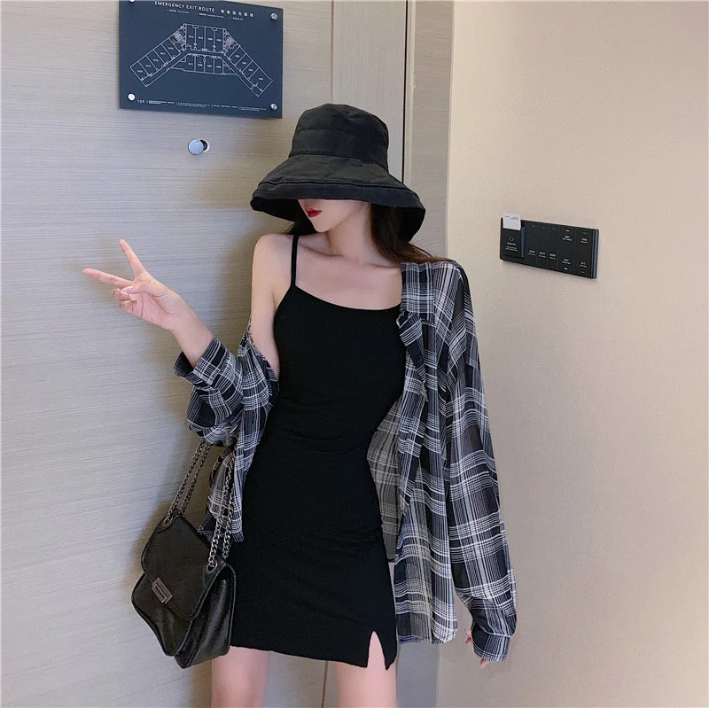 Модный костюм с юбкой по цене Тонкая Клетчатая Солнцезащитная куртка рубашка и