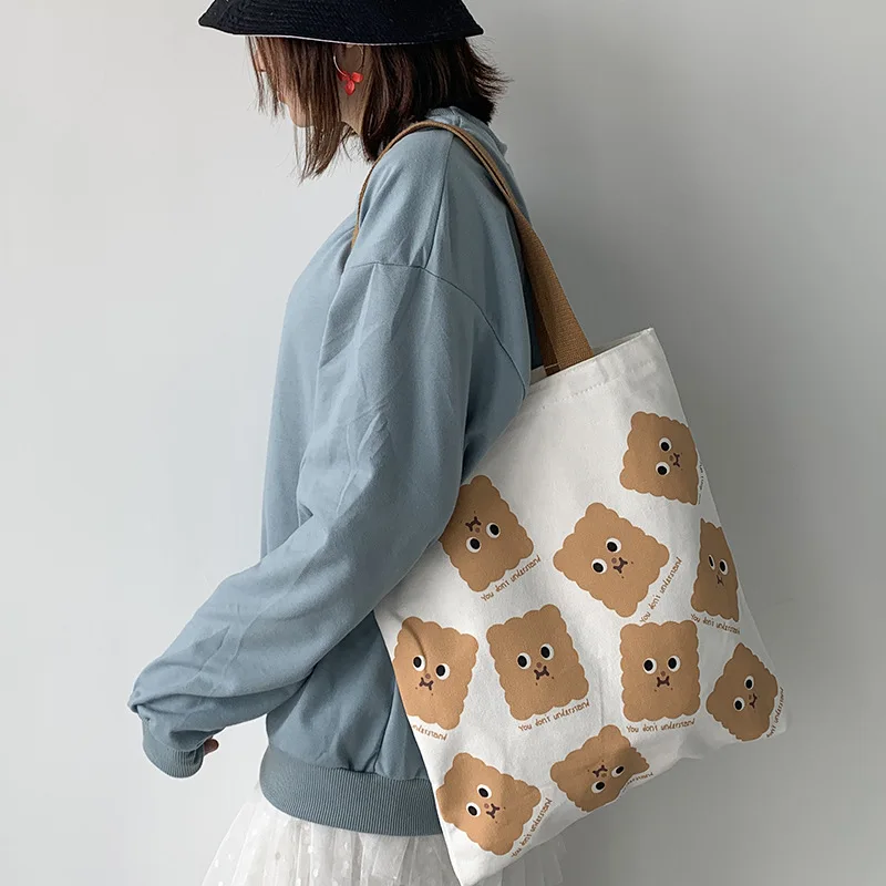 

Cute Girl Shoulder Bag Large Capacity Canvas Bag College Student Class Handbag Cartoon Bear Biscuit Shopping Bag for Women