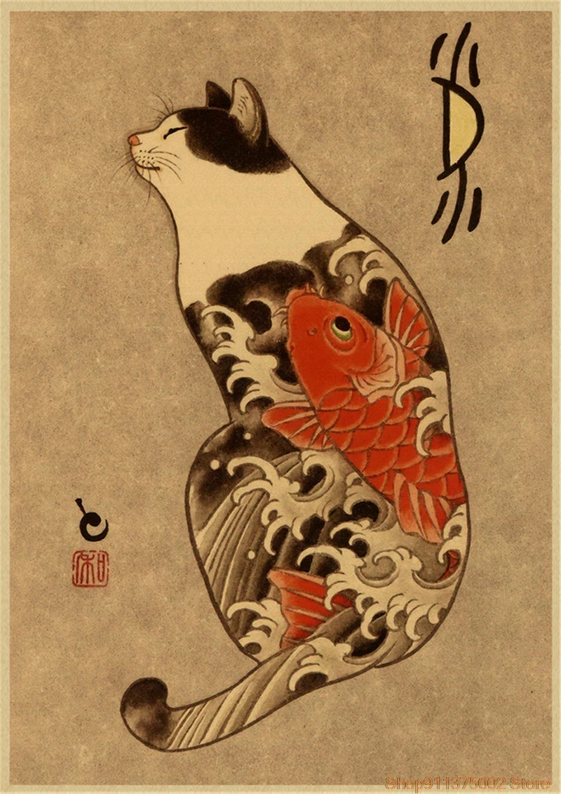 

Плакат "Японская тату кошки самурая"