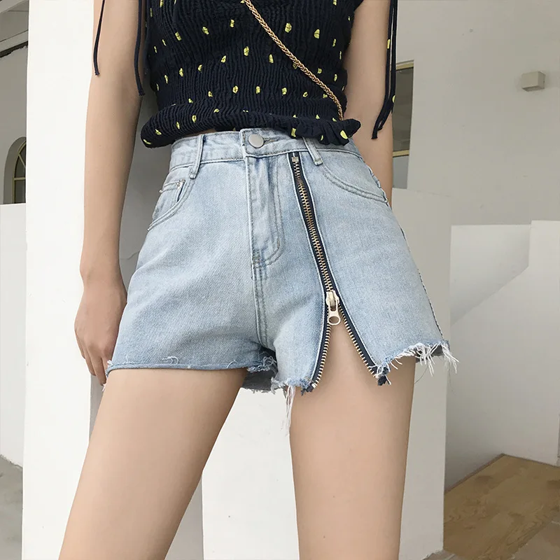 Шорты женские джинсовые однотонные с боковой молнией и карманами|Женские шорты| |