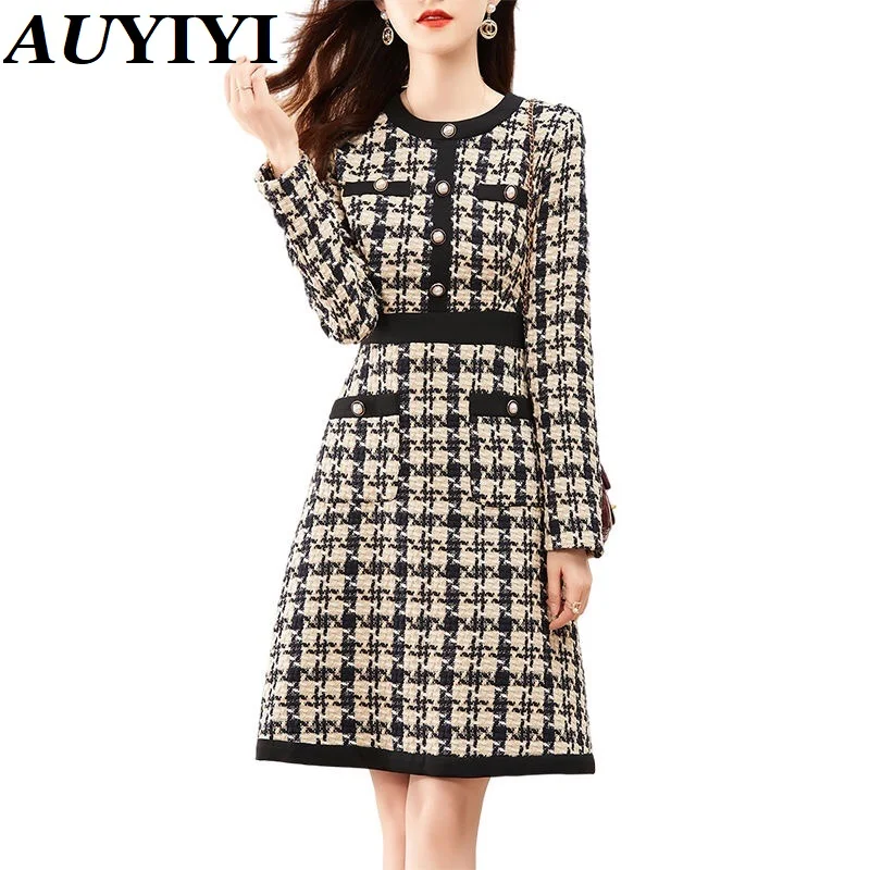 

Vintage Dresses for Women Bird Lattice A-Line O-Neck Knitting Dress Button Female Winter Mini Woman Dress Autumn 2021 Clothes
