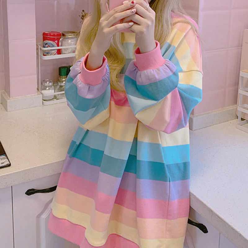 

Street Style Loose Thin Rainbow Stripe Sweatshirt and Pullover Women Clothing Fall Cute Tops Sweatshirt Schoolgirl Plus Size