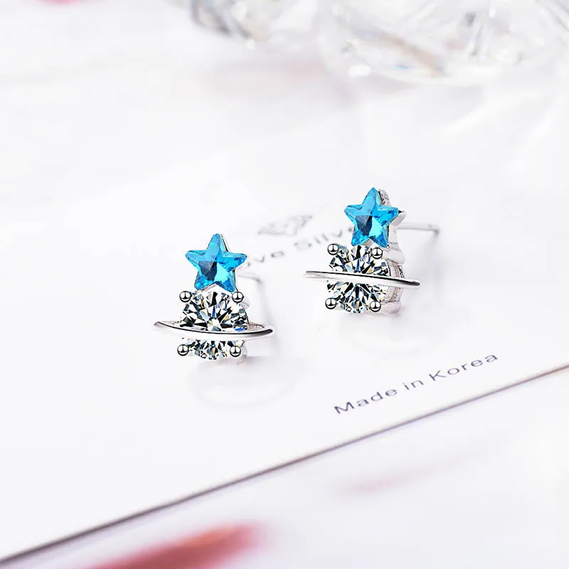 Bague Ringen серьги, ювелирные изделия с голубыми кристаллами океана, маленькая звезда, серьги с кисточками для женщин, 925 пробы серебряные ювелирные изделия, лучший подарок