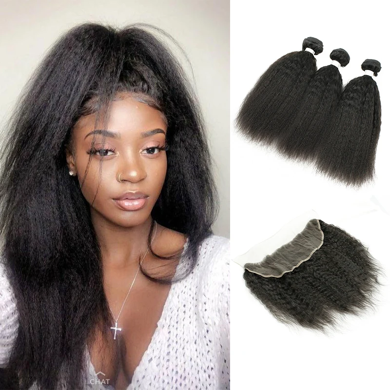 Kisshair kinky straight human hair bundles with frontal 13*4 lace frontals yaki curly natural color brazilian hair weave bundle