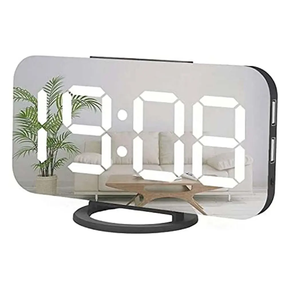 Large Led Mirror Large Digits Low Night Light 2 Usb Charging Ports Desktop Alarm Clock For Bedroom