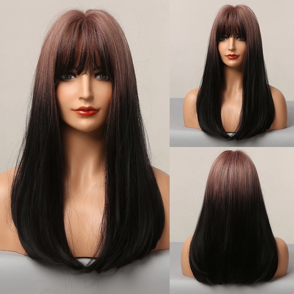 

ALAN EATON Medium Long Straight Synthetic Hair Wigs with Bangs Fringe Ombre Rose Red Pink Black Cosplay Party Bob Wigs for Women