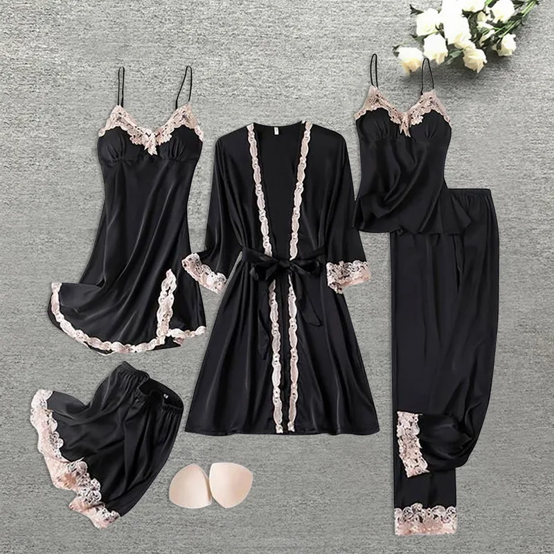 

5pcs Silk Robe Set Women Lace Pajamas Gown Set V-Neck Nighties Wear Home Nightwear Pijama Sleepsuit Spring Nightdress