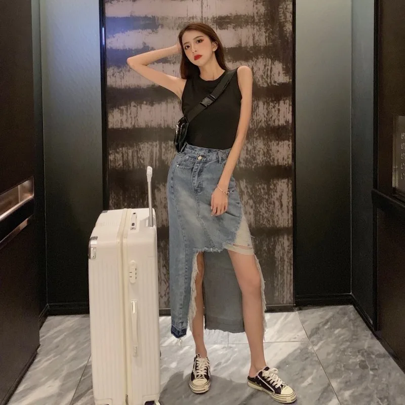 

GOOHOJIO 2020 New Ripped Denim Hip Skirt Women's Skirt High Waist Temperament Chic Skirt Ladies Autumn Casual Fashionable Skirt