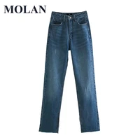 molan denim pants women chic fashion with hem vents flared jeans vintage high waist zipper fly female hot sale trousers mujer