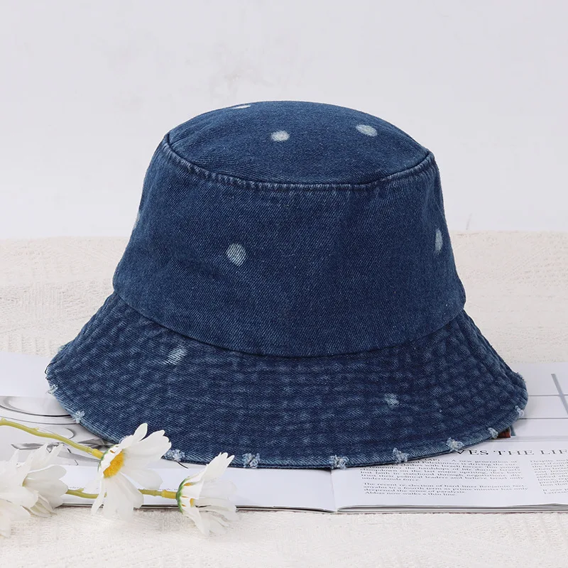 Панама женская из мытого хлопка Повседневная Уличная шапка с принтом в горошек