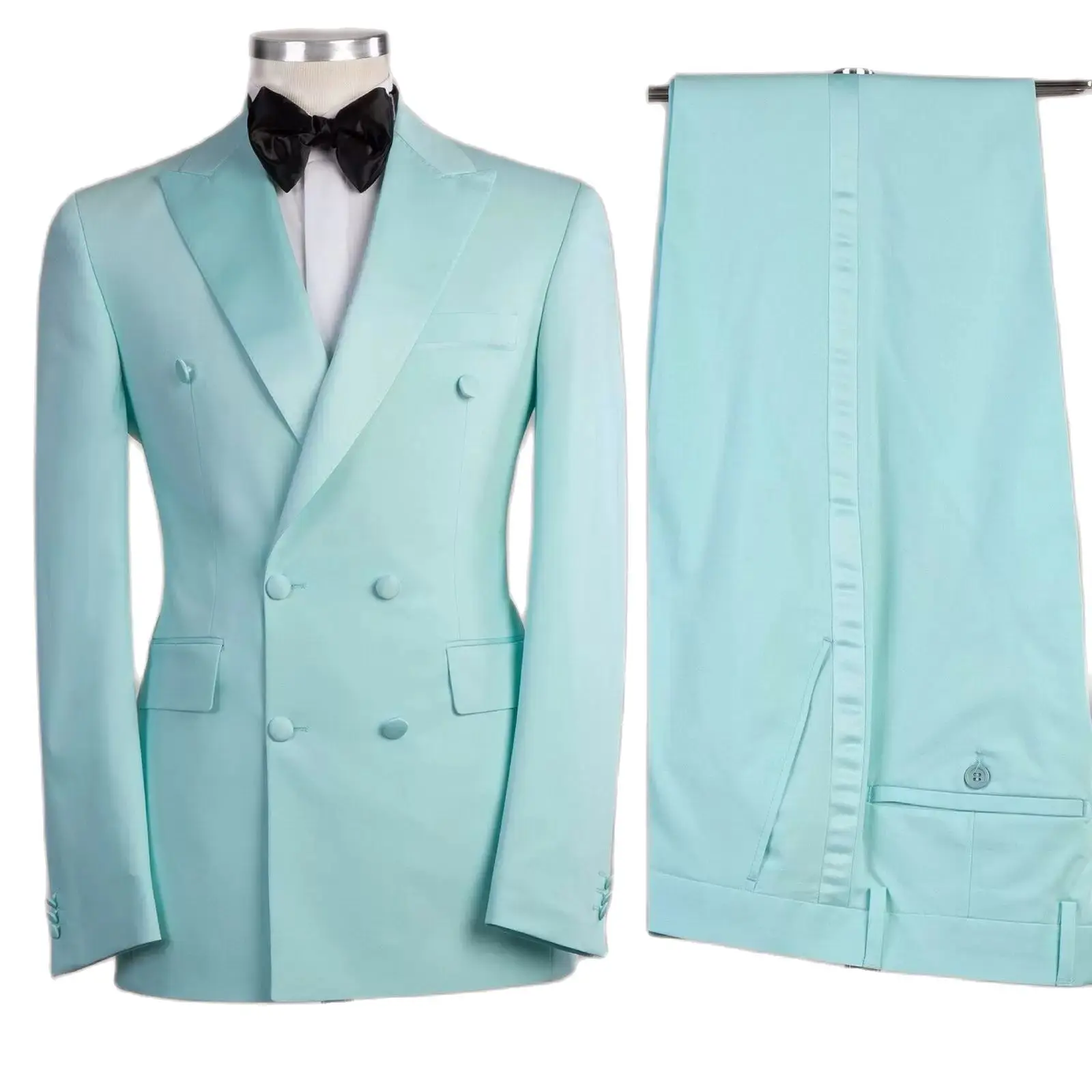 Classic Mint Green Mens Tuxedos 2 Pieces Peaked Lapel Groom Double Breasted Wedding Blazer Suits Formal Prom Party Waist Coat