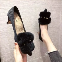 thick fairy wind mao mao womens high heels 2021 new autumn and winter plus velvet medium and low heel pointed shoes women