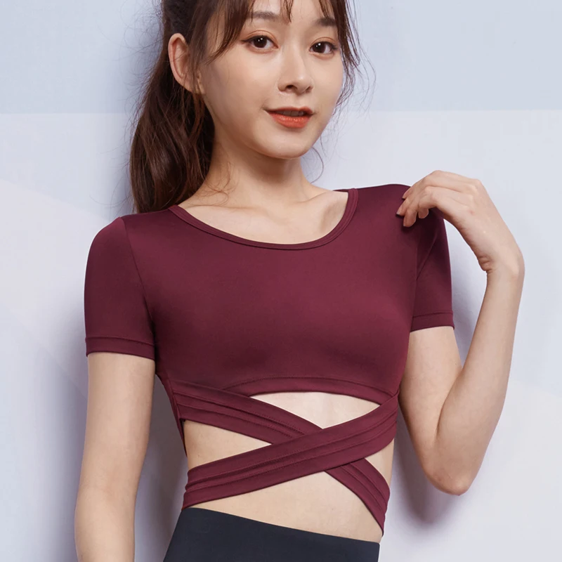 

Compression Yoga Shirt Women Short Sleeve Crop Top Activewear Tops with Cross Band Gym Sport Running Shirt Workout Top Female