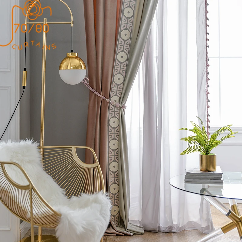 Nordic High-end Pink Flannel Lace Stitching Blackout Curtains for Living Room Bedroom Custom Finished Gauze Curtains