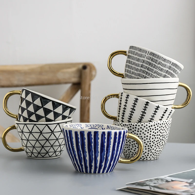 Personalized Hand Painted Mugs with Gold Handgrip Ceramic Geometry Coffee Cups Irregular Shape Nordic Home Decor Creative Gifts | Дом и сад