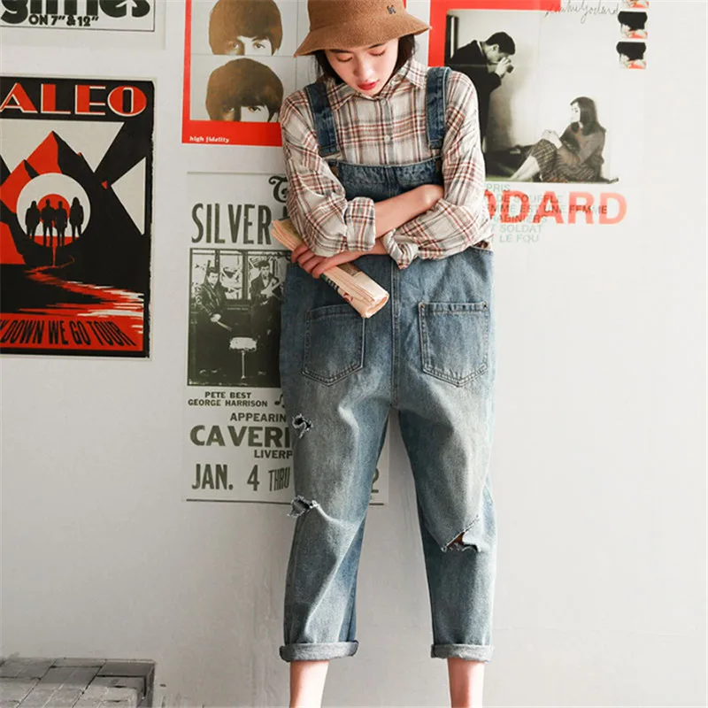 Женский джинсовый комбинезон свободные джинсовые комбинезоны с тонкими дырками