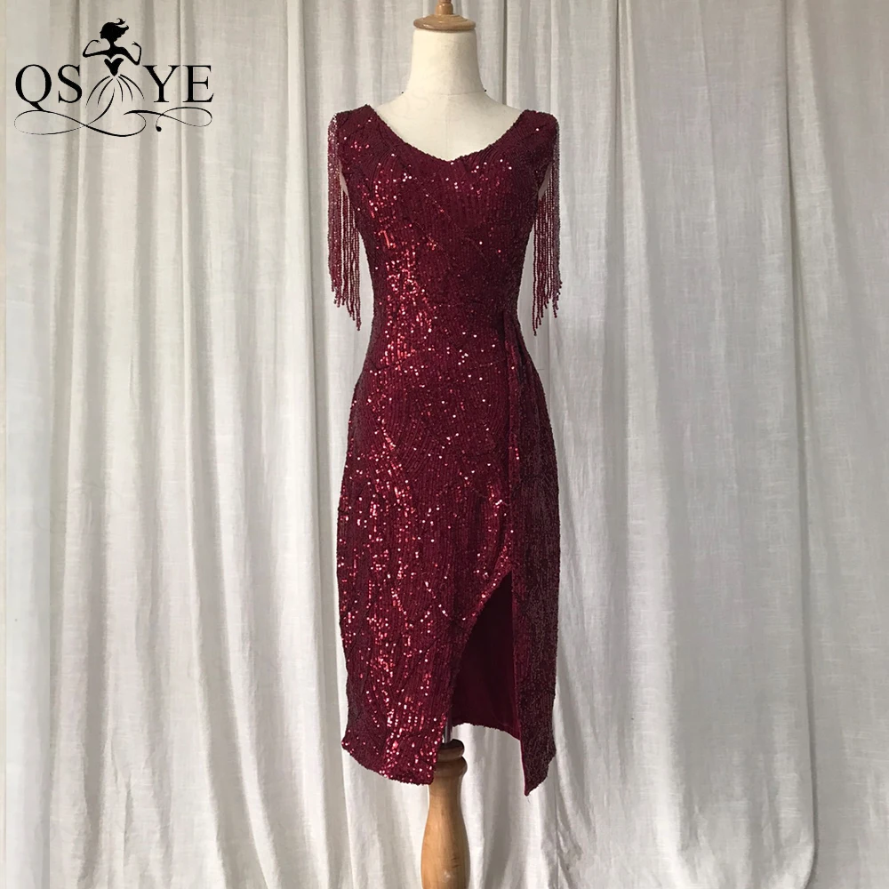 

Deep Red Short Sequin Prom Dress Beading Straps Sheath Mini Evening Gown V Neck Party Formal Gown Fit Stretch Women Short Dress
