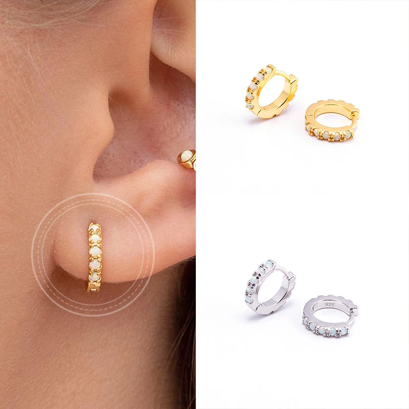 

925 Sterling Silver Exquisite Opal Huggie Hoop Earrings Fashion Ladies Classic Round Earrings Hypoallergenic Pendientes Mujer