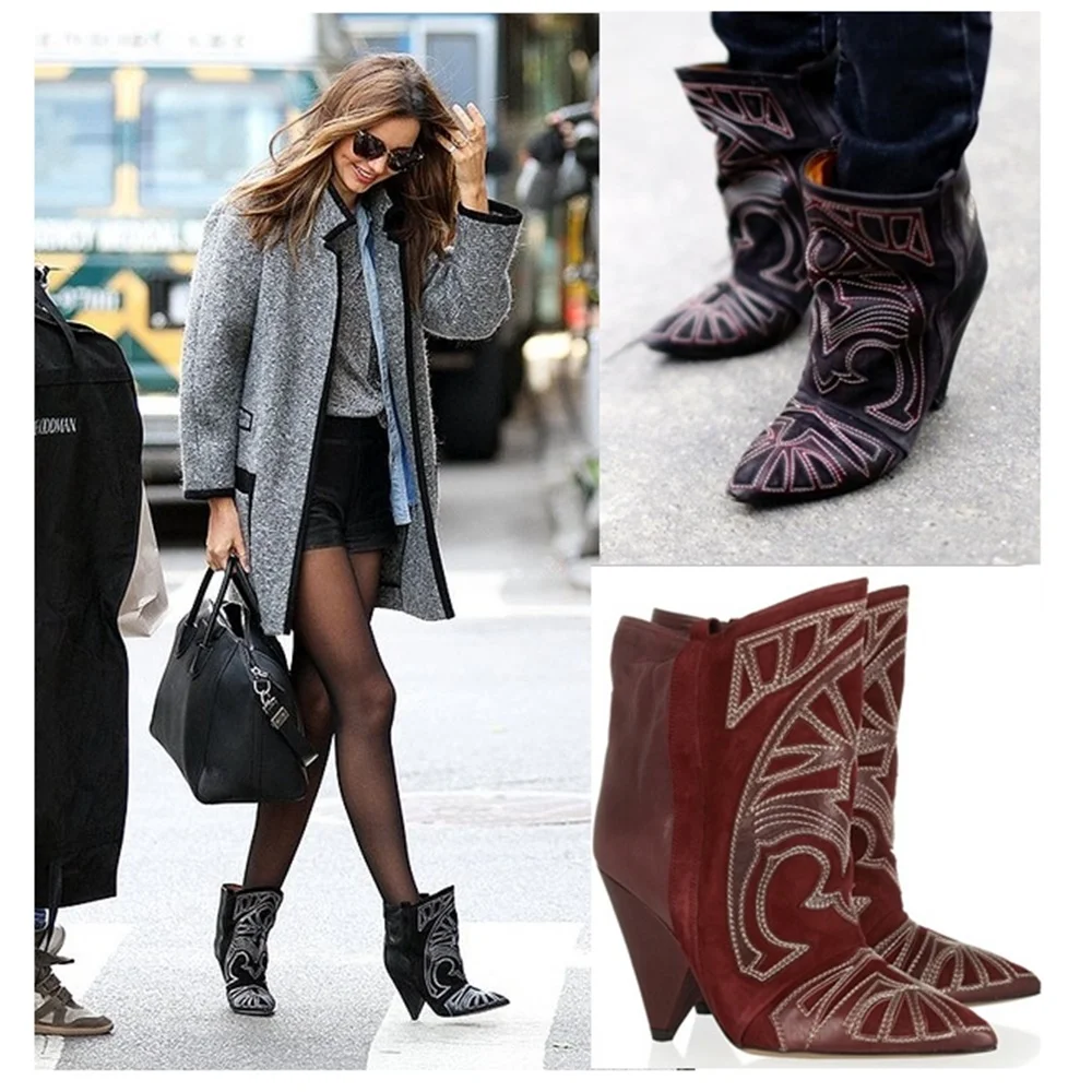 Hot Selling Classic Style Ankle Leather Wedged Boots Vintage Totem Pointed Toe Slip-On High Heels Amazing Fashion Newest boots