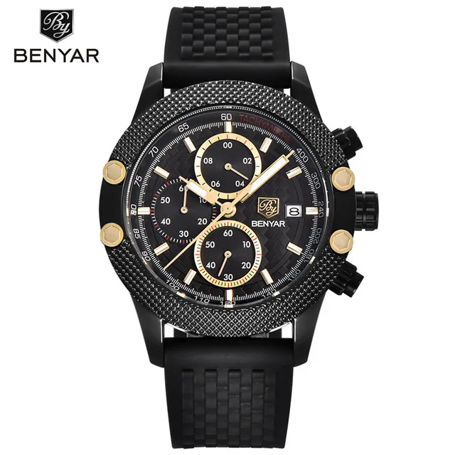 Rubber Black BENYAR часы Мужские Спортивные Хронограф модные часы мужские сетчатый резиновый ремешок водонепроницаемые повседневные кварцевые часы золотые Saat - Цвет: Rubber Black