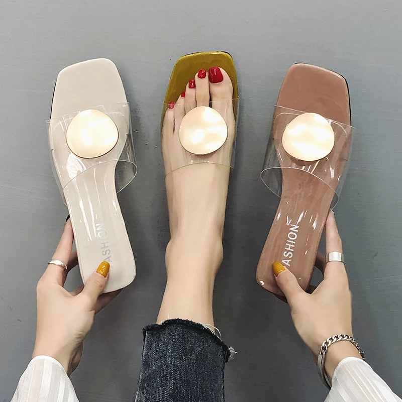 Women's Transparent Crystal Sequined Low Heel Slippers Sexy 2023 Spring Summer Female Fashion Sandals Slides Zapatos De Mujer