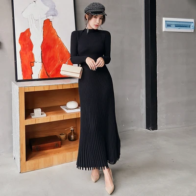 Women Slim Long Maxi Knitting Sweater Dress Autumn Winter Full Sleeve Pleated A-line Dress Big Swing Ladies Pullover Dresses