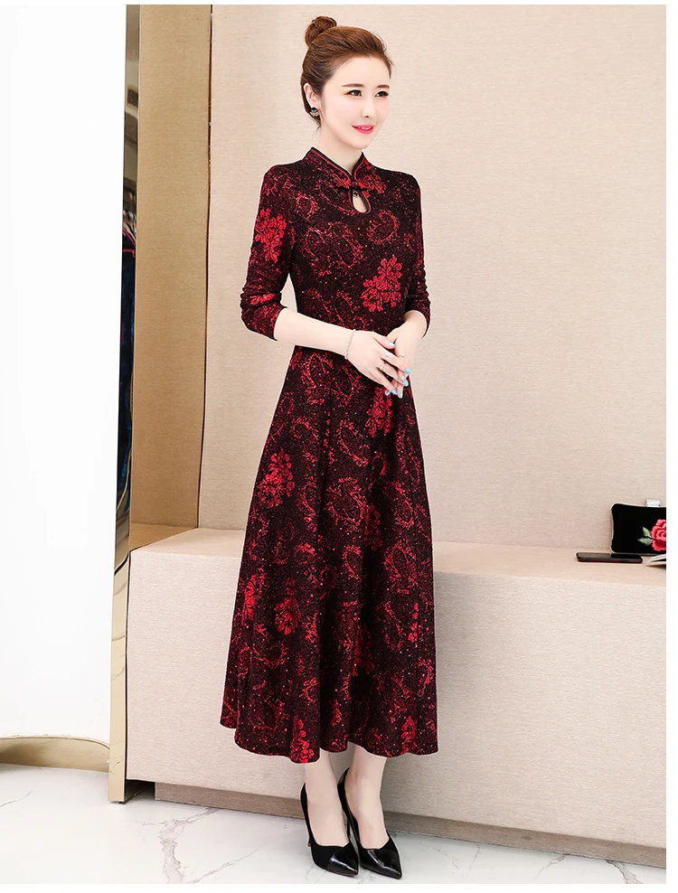Осень Зима Новое поступление размера плюс M-3XL Ретро Cheongsam стоячий воротник жаккард длинный рукав женское длинное платье