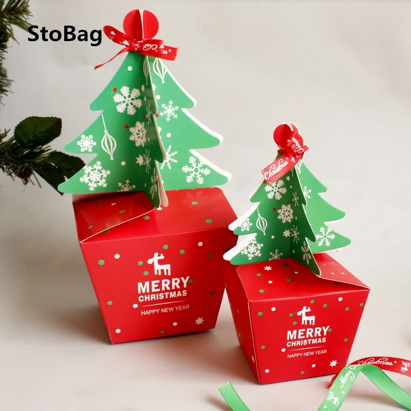 

StoBag 20pcs 6x6x6.5cm Christmas Tree Style Baking Box Celebrate Baby Shower Party Cookies Pack Happy New Year Gift Decoration
