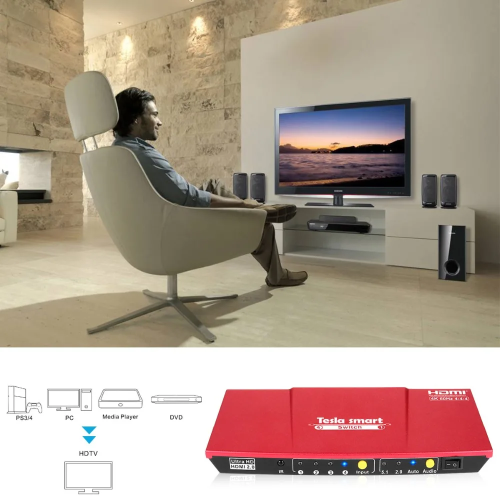 4K 4x1 HDMI коммутатор 4 порта HDMI коммутатор 4 в 1 выход с S/PDIF и L/R аудио выход Поддержка HDTV 4K@ 60 Гц 4:4:4 ИК-пульт дистанционного управления